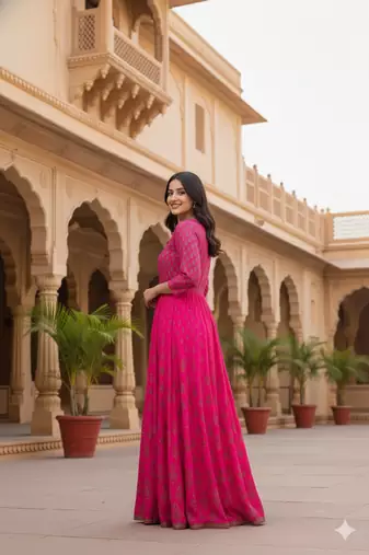 Ftdiva women's embroidered anarkali long magenta kurti in rayon