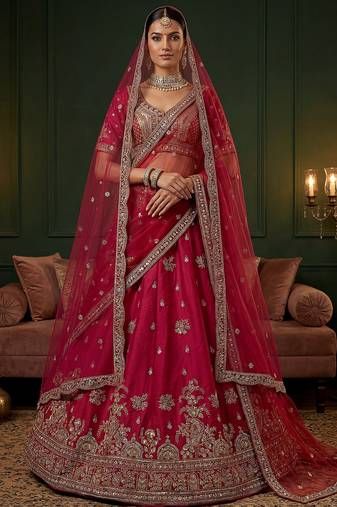 Alluring Pink Embroidered Silk Bridal Lehenga Choli With Double Dupatta