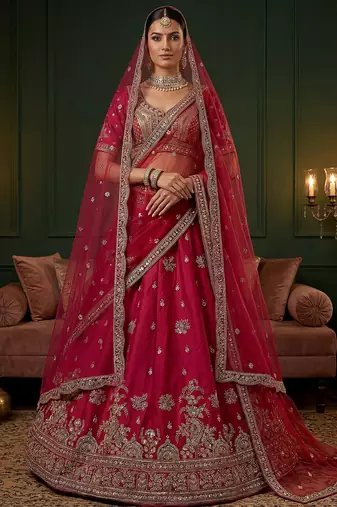 Alluring Pink Embroidered Silk Bridal Lehenga Choli With Double Dupatta
