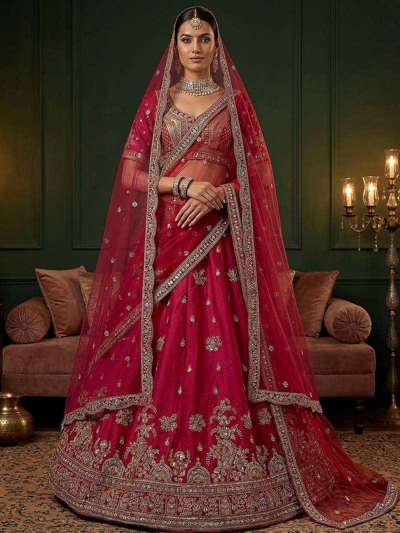 Alluring Pink Embroidered Silk Bridal Lehenga Choli With Double Dupatta