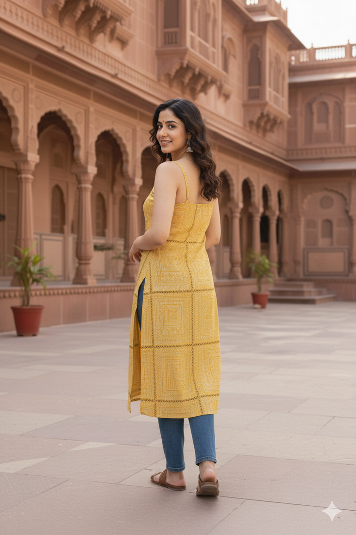 Ftdiva women's sleeveless printed frontslit kurta in maroon