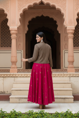 Ftdiva women's rayon anarkali kurti with jacket in deep pink 2