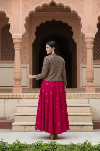 Ftdiva women's rayon anarkali kurti with jacket in deep pink