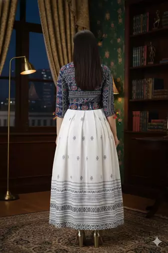 Ftdiva women's rayon anarkali kurti with jacket in white & blue