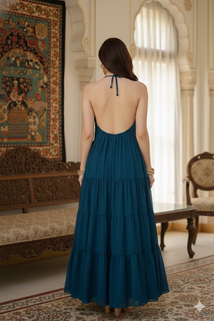 Ftdiva women's sleeveless printed anarkali georgette kurti in teal blue