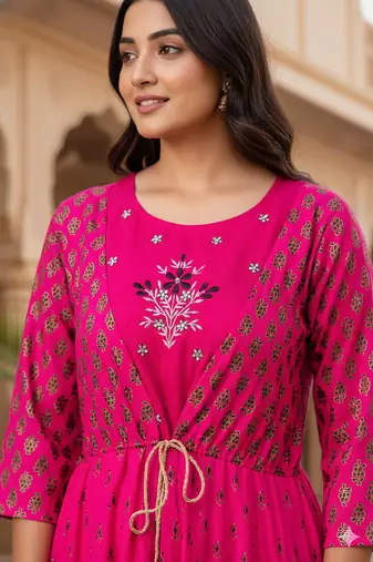 Ftdiva women's embroidered anarkali long magenta kurti in rayon