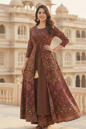 Ftdiva women's embroidered anarkali brown printed kurti in rayon
