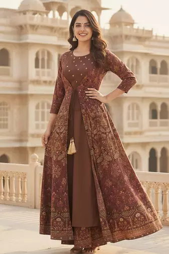 Ftdiva women's embroidered anarkali brown printed kurti in rayon