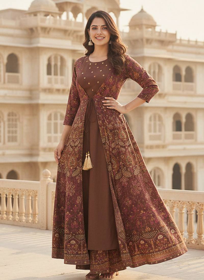 Ftdiva women's embroidered anarkali brown printed kurti in rayon