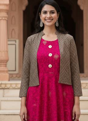 Ftdiva women's rayon anarkali kurti with jacket in deep pink 3