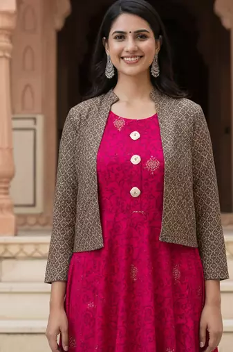 Ftdiva women's rayon anarkali kurti with jacket in deep pink