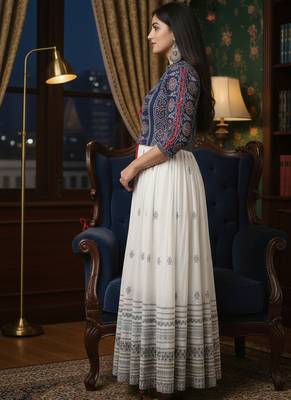 Ftdiva women's rayon anarkali kurti with jacket in white & blue 3