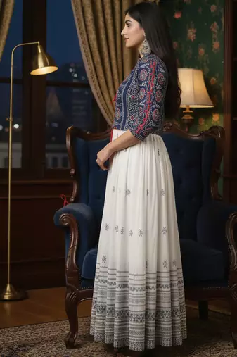 Ftdiva women's rayon anarkali kurti with jacket in white & blue