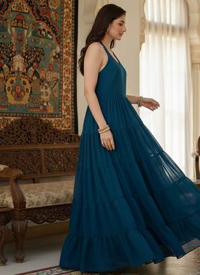 Ftdiva women's sleeveless printed anarkali georgette kurti in teal blue 3