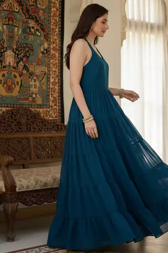 Ftdiva women's sleeveless printed anarkali georgette kurti in teal blue