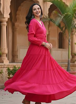 Ftdiva women's solid cotton anarkali kurti in magenta 4