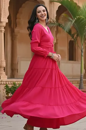 Ftdiva women's solid cotton anarkali kurti in magenta