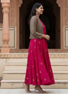 Ftdiva women's rayon anarkali kurti with jacket in deep pink 4