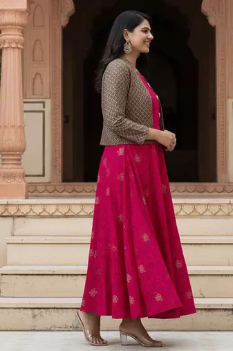 Ftdiva women's rayon anarkali kurti with jacket in deep pink