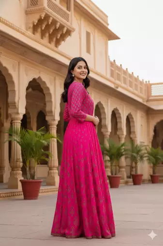 Ftdiva women's embroidered anarkali long magenta kurti in rayon