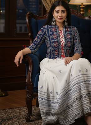 Ftdiva women's rayon anarkali kurti with jacket in white & blue 4