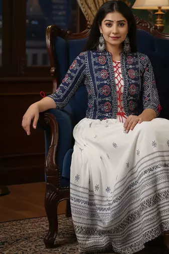 Ftdiva women's rayon anarkali kurti with jacket in white & blue