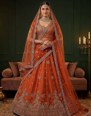 orange dori work silk bridal lehenga choli with double dupatta 1