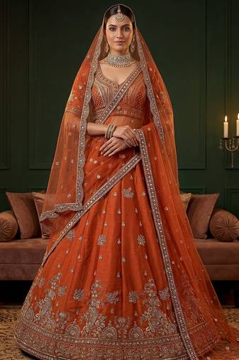 Tantalizing Orange Dori Work Silk Bridal Lehenga Choli With Double Dupatta