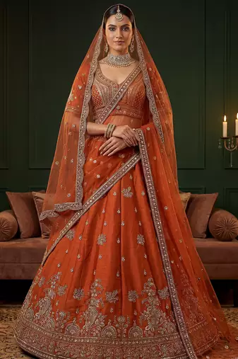 Tantalizing Orange Dori Work Silk Bridal Lehenga Choli With Double Dupatta