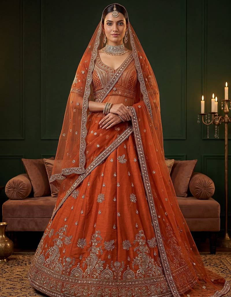 Tantalizing Orange Dori Work Silk Bridal Lehenga Choli With Double Dupatta