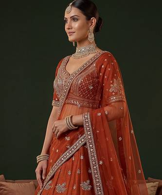 orange dori work silk bridal lehenga choli with double dupatta 2