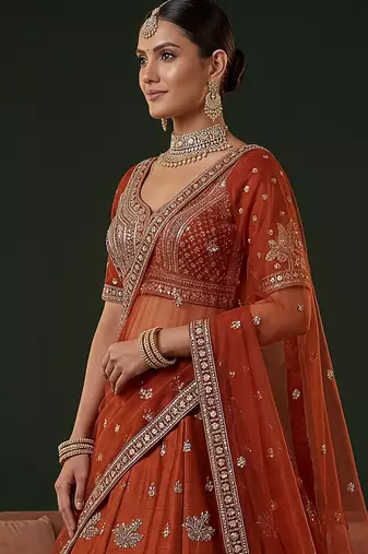 orange dori work silk bridal lehenga choli with double dupatta