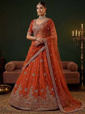 orange dori work silk bridal lehenga choli with double dupatta 3