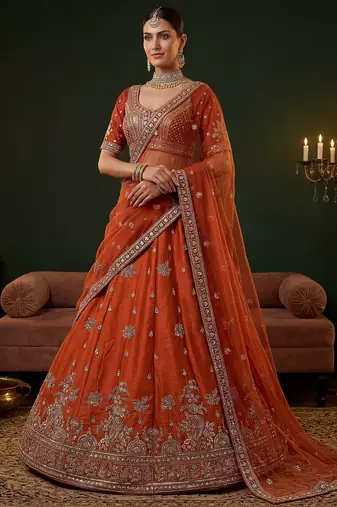 orange dori work silk bridal lehenga choli with double dupatta