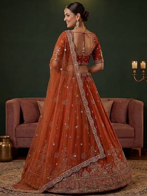 orange dori work silk bridal lehenga choli with double dupatta 4