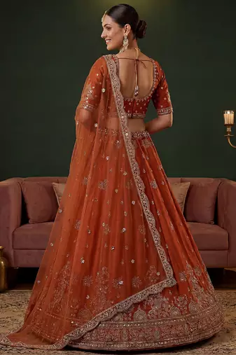 orange dori work silk bridal lehenga choli with double dupatta