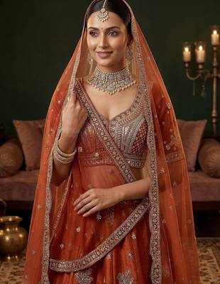 orange dori work silk bridal lehenga choli with double dupatta 5