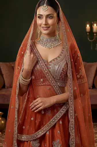 orange dori work silk bridal lehenga choli with double dupatta