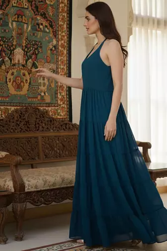 Ftdiva women's sleeveless printed anarkali georgette kurti in teal blue