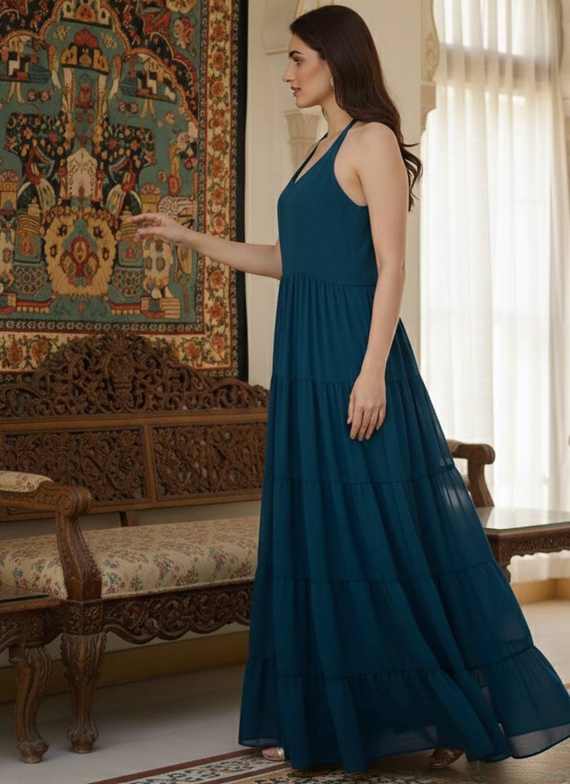 Ftdiva women's sleeveless printed anarkali georgette kurti in teal blue