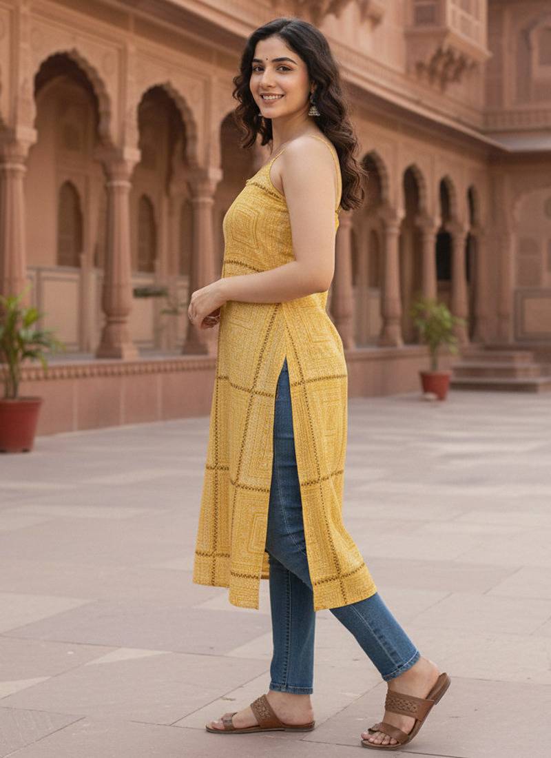 Ftdiva women's sleeveless printed frontslit kurta in maroon