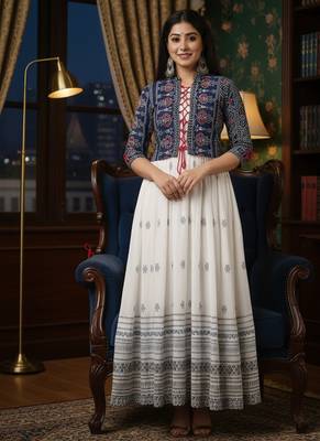 Ftdiva women's rayon anarkali kurti with jacket in white & blue 5