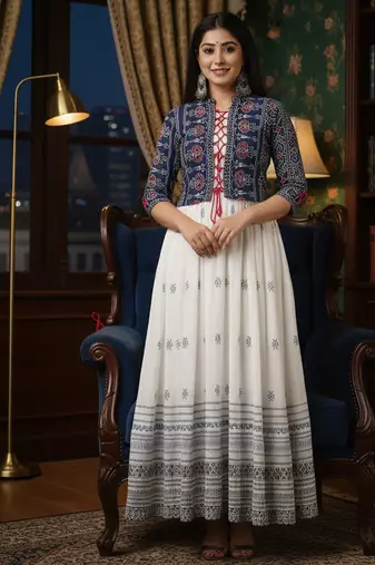 Ftdiva women's rayon anarkali kurti with jacket in white & blue