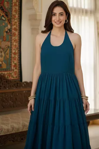 Ftdiva women's sleeveless printed anarkali georgette kurti in teal blue