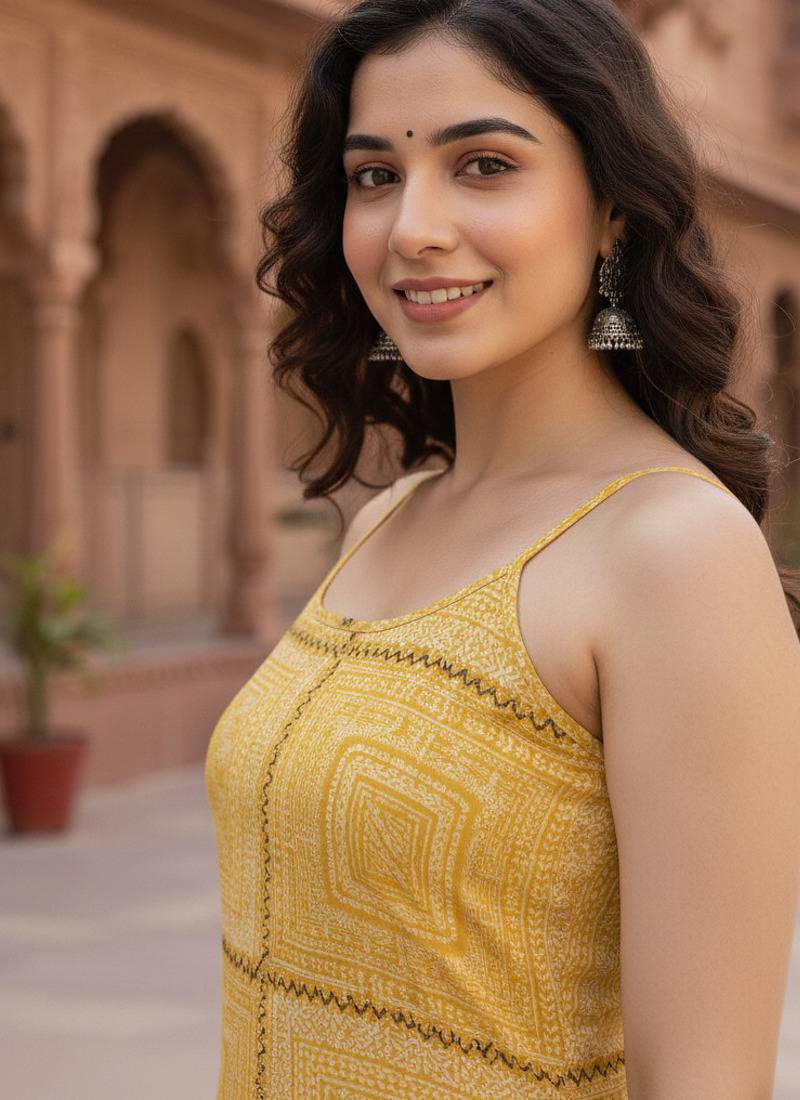 Ftdiva women's sleeveless printed frontslit kurta in maroon