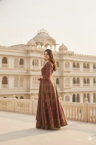 Ftdiva women's embroidered anarkali brown printed kurti in rayon