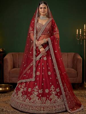 red bead work silk bridal lehenga choli with double dupatta 1