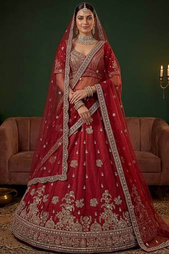Appealing Red Bead Work Silk Bridal Lehenga Choli With Double Dupatta
