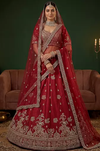 Appealing Red Bead Work Silk Bridal Lehenga Choli With Double Dupatta
