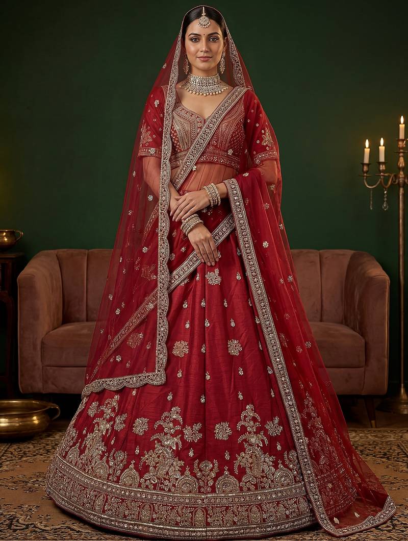 Appealing Red Bead Work Silk Bridal Lehenga Choli With Double Dupatta